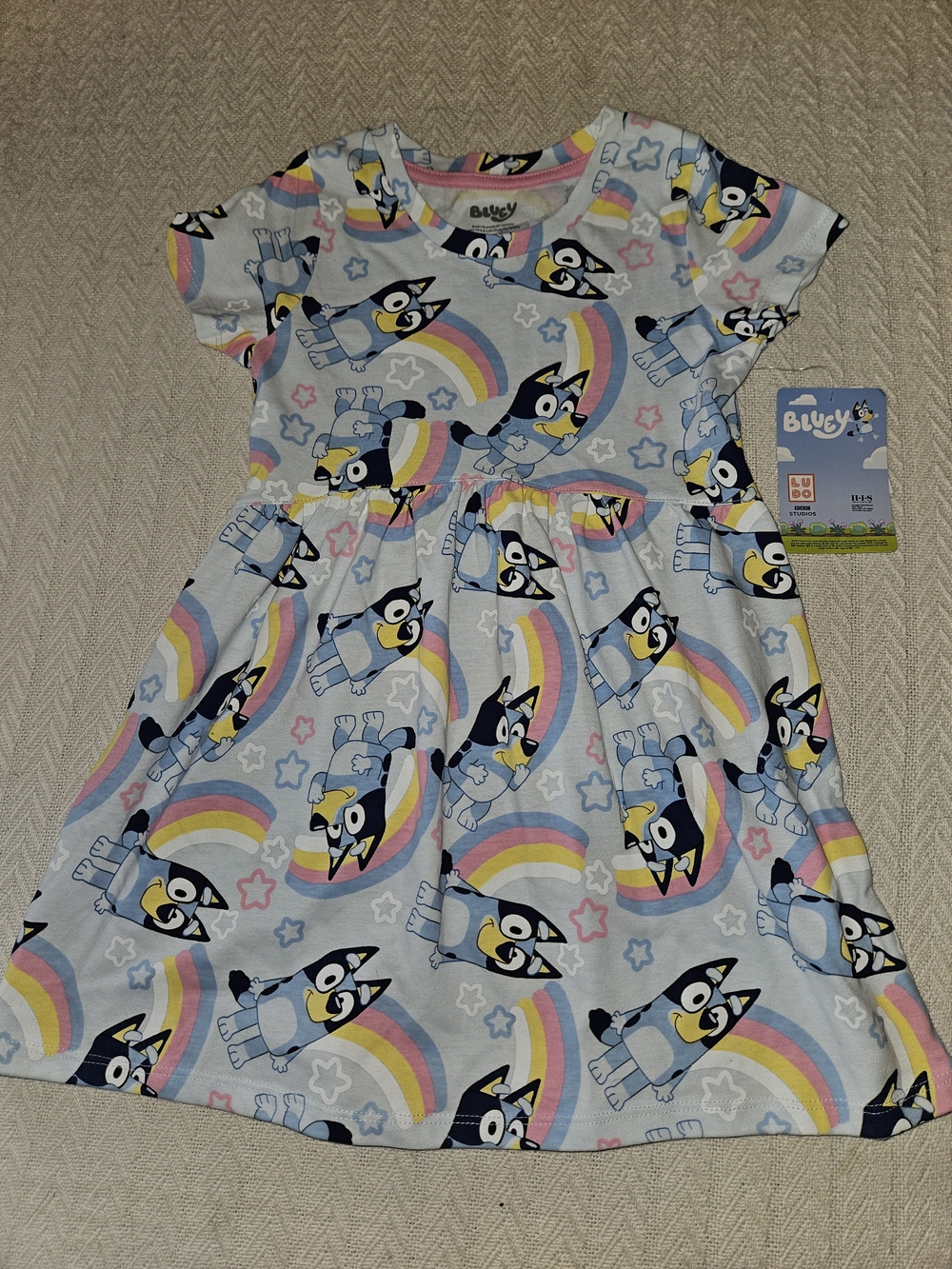 Bluey Rainbow Print Girls Dress - Light Blue